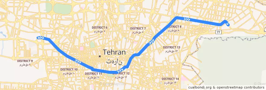 Mapa del recorrido خط ۲ de la línea  en Teherán.