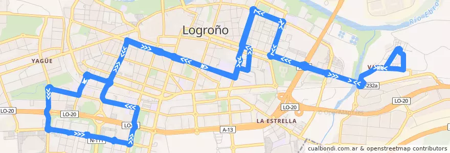 Mapa del recorrido Varea-La Cava de la línea  en Logroño.
