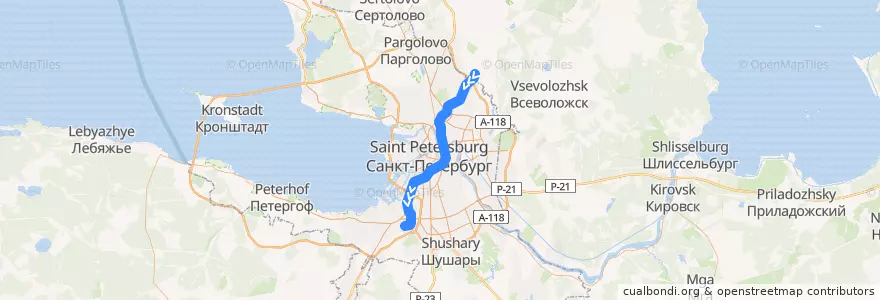 Mapa del recorrido Кировско-Выборгская линия: Девяткино — Проспект Ветеранов de la línea  en Санкт-Петербург.