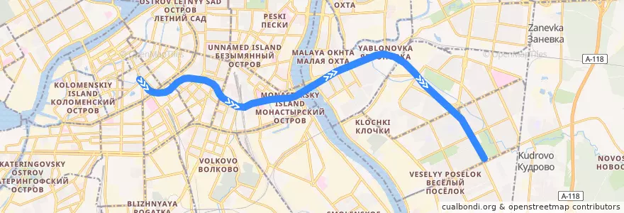 Mapa del recorrido Правобережная линия: Спасская — Улица Дыбенко de la línea  en Санкт-Петербург.
