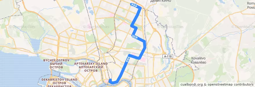Mapa del recorrido Троллейбус № 38: Светлановский проспект => Боткинская улица de la línea  en Калининский район.