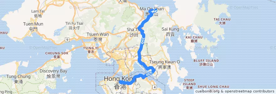Mapa del recorrido Bus 680 (Ma On Shan (Lee On Estate) - Admiralty (East)) de la línea  en Wilayah Baru.