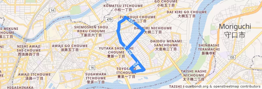 Mapa del recorrido 95：上新庄駅前～豊新四～豊里団地前 de la línea  en 東淀川区.