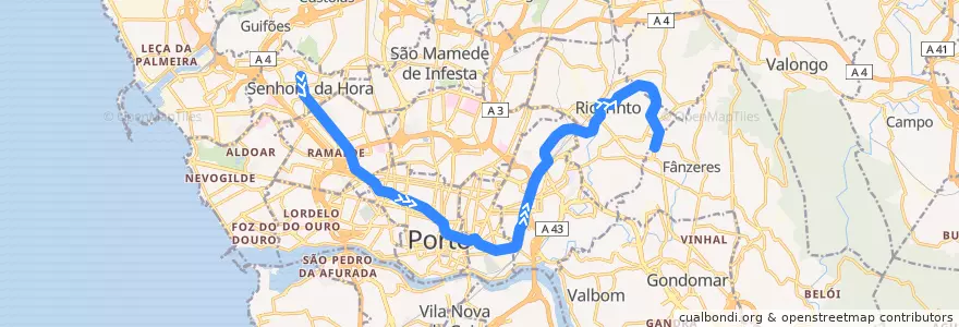 Mapa del recorrido Linha F: Senhora da Hora => Fânzeres de la línea  en Área Metropolitana do Porto.
