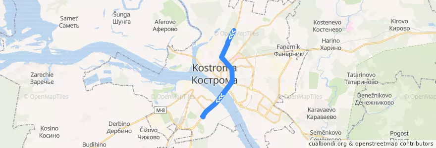 Mapa del recorrido Автобус № 15: Красная Маёвка - микрорайон Паново de la línea  en городской округ Кострома.