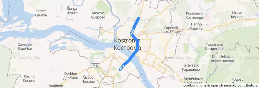 Mapa del recorrido Автобус № 15: микрорайон Паново - Красная Маёвка de la línea  en Kostroma.