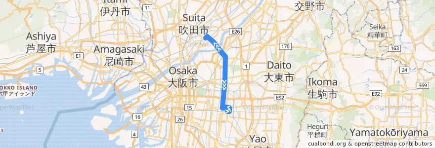 Mapa del recorrido 86：上新庄駅前～布施駅前 de la línea  en 大阪市.