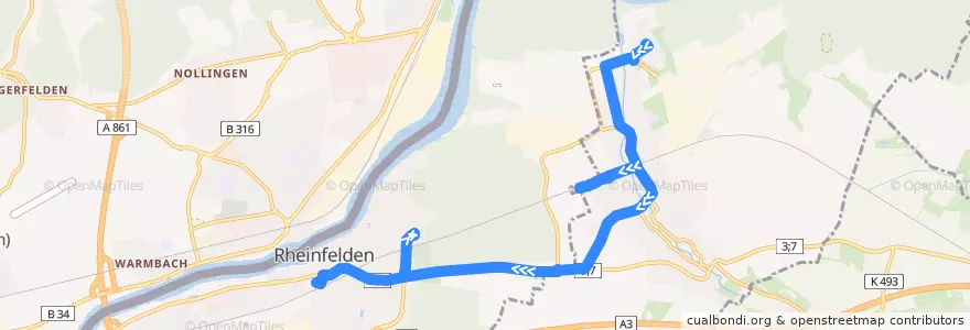 Mapa del recorrido Bus 88: Möhlin, Bata Park => Rheinfelden, Bahnhof de la línea  en Bezirk Rheinfelden.