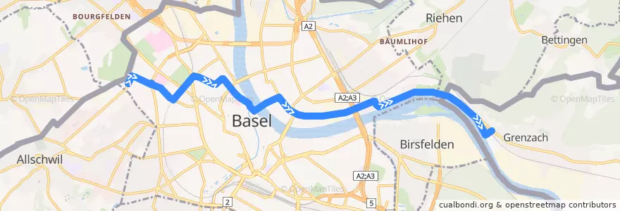 Mapa del recorrido Bus 38: Basel Bachgraben => Wyhlen Siedlung de la línea  en Basilea.