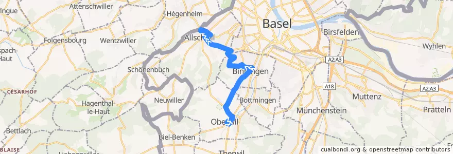 Mapa del recorrido Bus 61: Oberwil BL, Zentrum => Allschwil, Friedhof de la línea  en Bezirk Arlesheim.