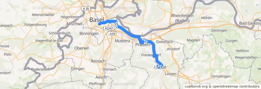 Mapa del recorrido Bus 80: Liestal, Bahnhof => Basel, Aeschenplatz de la línea  en Basilea Campagna.
