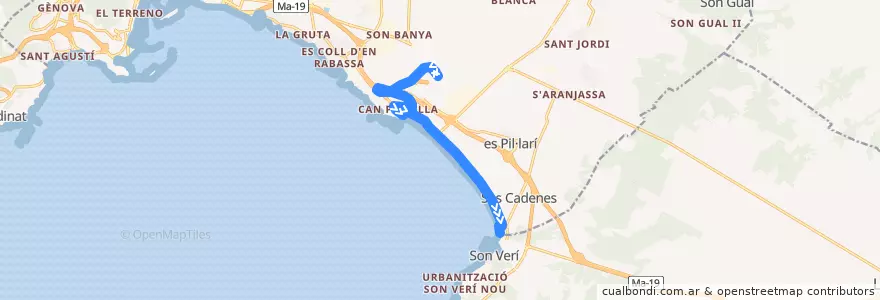 Mapa del recorrido Bus 21: Aeroport → S'Arenal de la línea  en Palma.