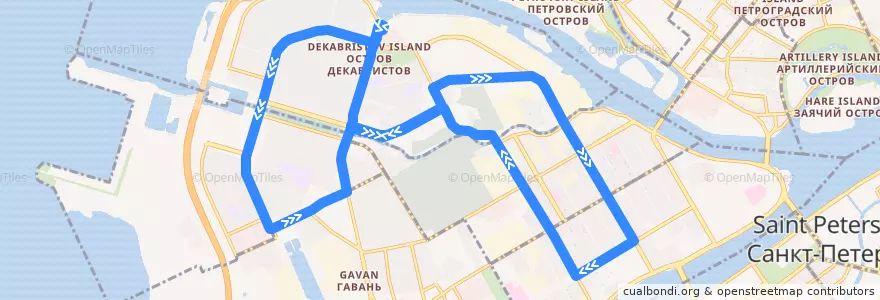 Mapa del recorrido Автобус № 41: улица Кораблестроителей => улица Кораблестроителей de la línea  en Василеостровский район.