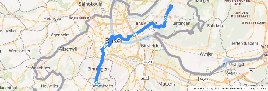 Mapa del recorrido Bus 34: Bottmingen Schloss => Riehen Bahnhof de la línea  en مدينة بازل.