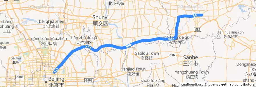 Mapa del recorrido Bus 852: 东直门枢纽站 => 平谷汽车站 de la línea  en 北京市.