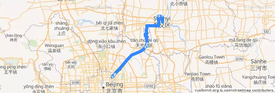 Mapa del recorrido Bus 915快: 东直门外 => 顺义南彩汽车站 de la línea  en Peking.