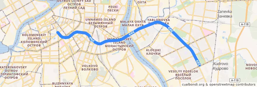 Mapa del recorrido Правобережная линия: Улица Дыбенко — Спасская de la línea  en Санкт-Петербург.
