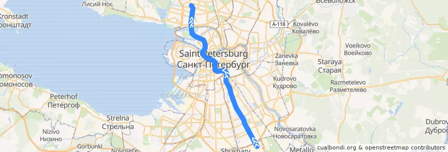 Mapa del recorrido Фрунзенско-Приморская линия: Шушары — Комендантский проспект de la línea  en Sankt Petersburg.