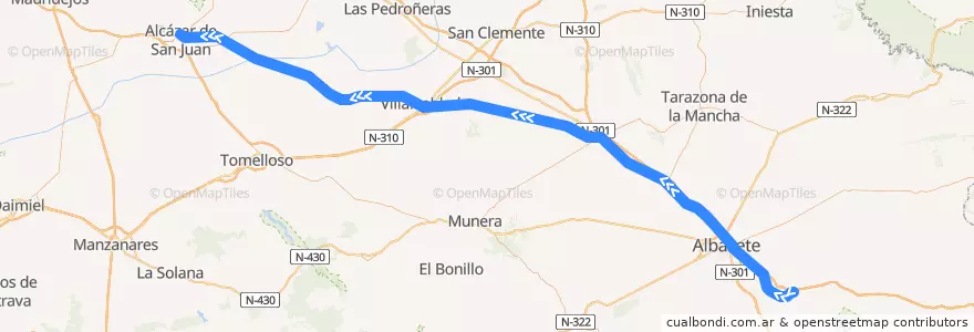 Mapa del recorrido FFCC MADRID-ALICANTE de la línea  en قشتالة-لا مانتشا.