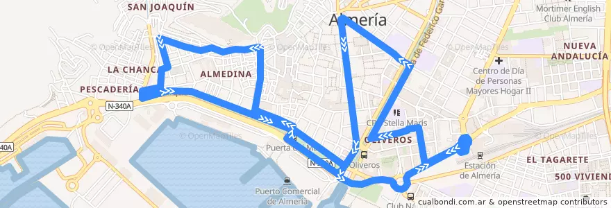Mapa del recorrido L1 - Casco Histórico de la línea  en Almería.