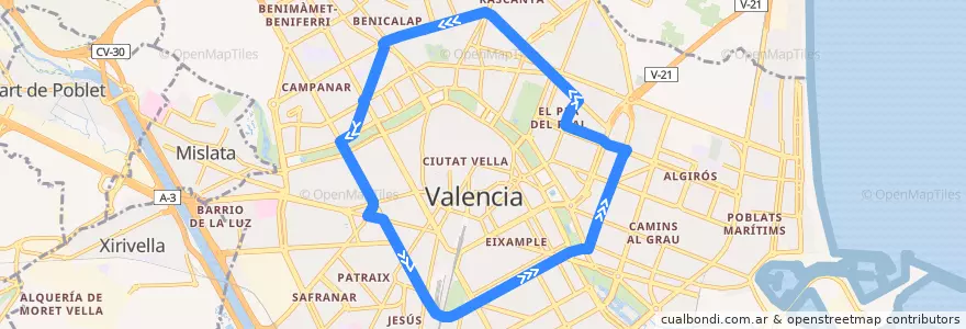 Mapa del recorrido Bus 89: Circular Ronda Trànsits de la línea  en Comarca de València.