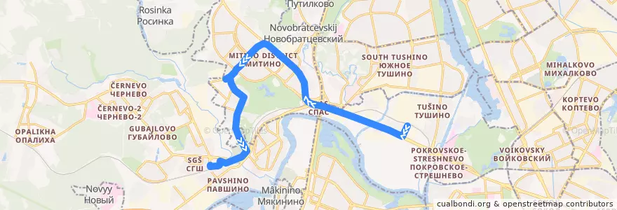 Mapa del recorrido Автобус 930: Метро "Тушино" - Станция МЦД Павшино de la línea  en Северо-Западный административный округ.