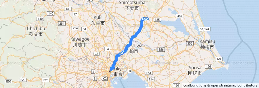 Mapa del recorrido つくばエクスプレス線上り de la línea  en Japonya.
