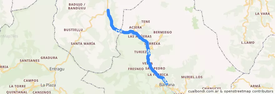 Mapa del recorrido Bárzana - Caranga de Abajo de la línea  en Asturias.