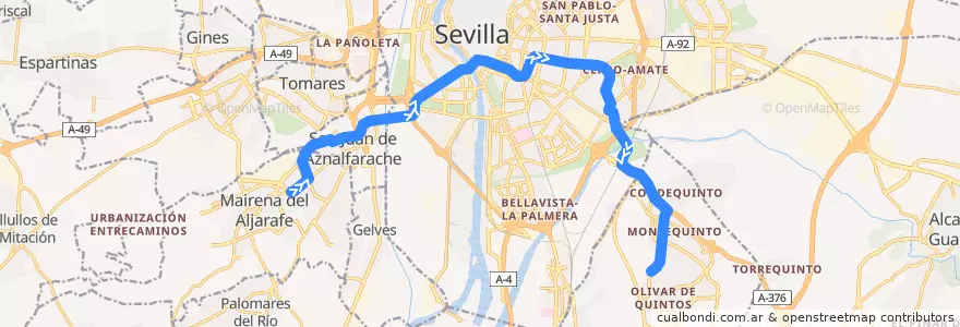 Mapa del recorrido Línea 1: Ciudad Expo → Olivar de Quintos de la línea  en Sevilla.