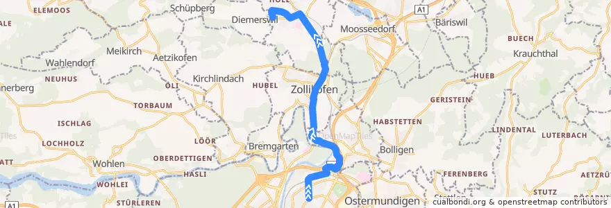 Mapa del recorrido Bus 36: Bern, Breitenrain => Münchenbuchsee, Hüslimoos de la línea  en Verwaltungsregion Bern-Mittelland.