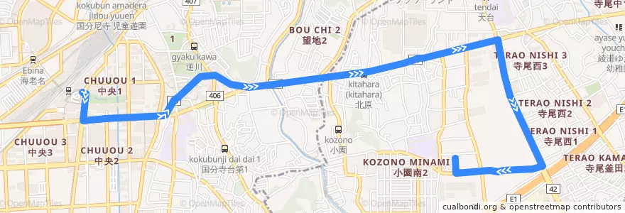 Mapa del recorrido 綾53 de la línea  en 神奈川県.
