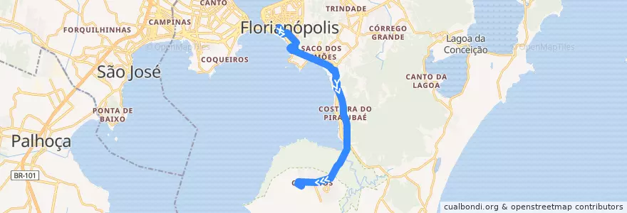 Mapa del recorrido Ônibus 186: Corredor Sudoeste Semidireto, TICEN => Aeroporto de la línea  en Florianópolis.