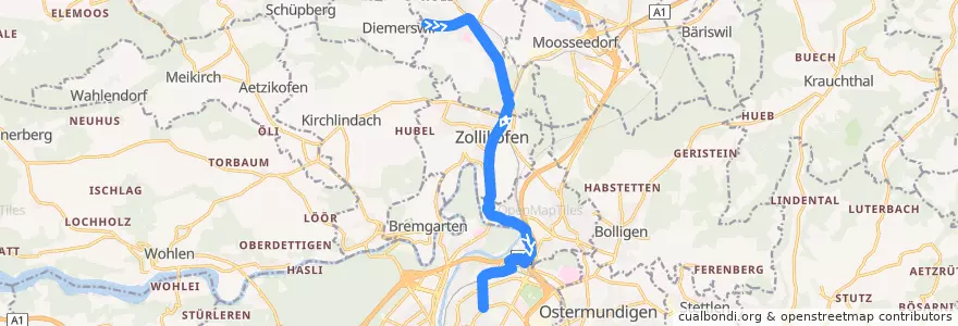 Mapa del recorrido Bus 36: Münchenbuchsee, Hüslimoos => Bern, Breitenrain de la línea  en Verwaltungsregion Bern-Mittelland.