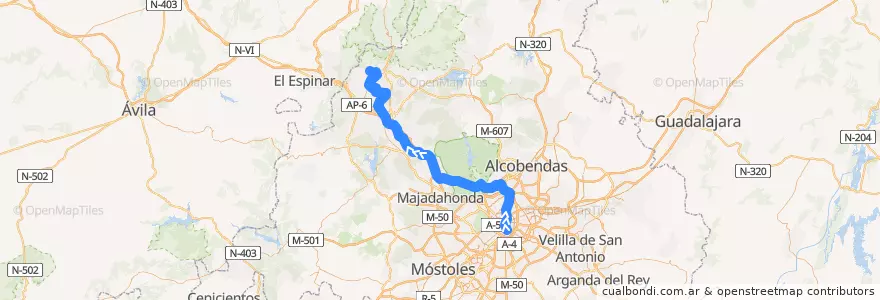 Mapa del recorrido C-8. Atocha → Chamartín → Villalba → Cercedilla de la línea  en بخش خودمختار مادرید.