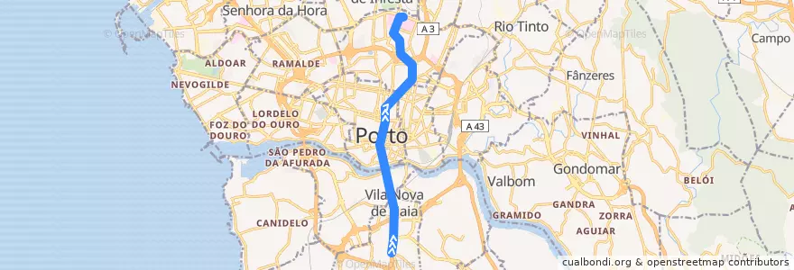 Mapa del recorrido Linha D: Santo Ovídio => Hospital de São João de la línea  en Área Metropolitana do Porto.