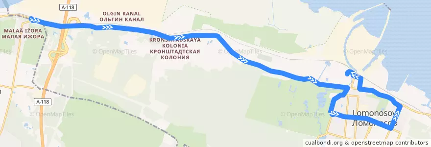 Mapa del recorrido Автобус № 1л: Малая Ижора => Ломоносов, вокзал de la línea  en Ломоносов.