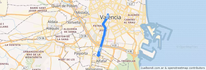 Mapa del recorrido Bus 27: Mercat Central => la Torre de la línea  en Comarca de València.