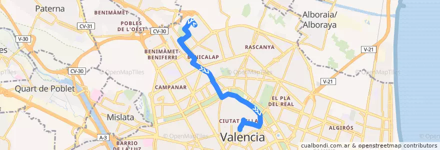 Mapa del recorrido Bus 28: Ciutat Art. Faller => Mercat Central de la línea  en Comarca de València.