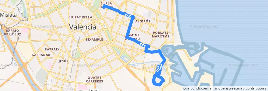 Mapa del recorrido Bus 30: Natzaret => Hospital Clínic de la línea  en Comarca de València.