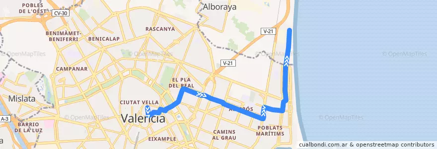Mapa del recorrido Bus 31: Poeta Querol => la Patacona/la Malva-rosa de la línea  en Comarca de València.