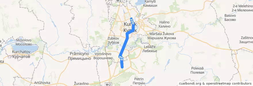 Mapa del recorrido Маршрут автобуса №61: "ТРК "МегаГРИНН" - 1-я Степная улица" de la línea  en Kursk.