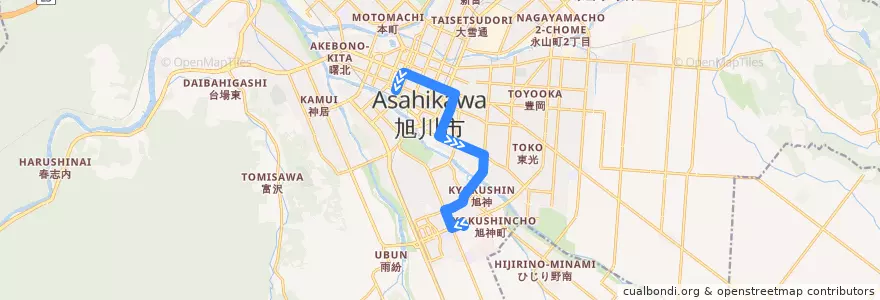 Mapa del recorrido [71]緑ヶ丘・医大線 de la línea  en 旭川市.