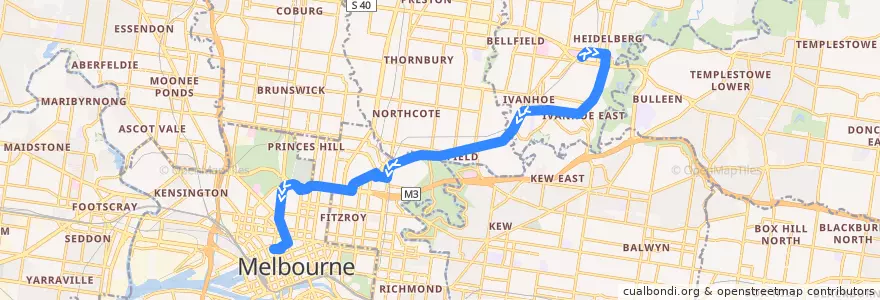 Mapa del recorrido Bus 546: Heidelberg => Clifton Hill & Carlton => Melbourne University de la línea  en ولاية فيكتوريا.