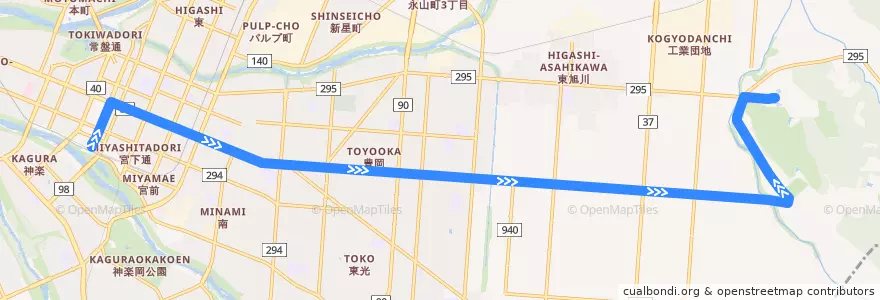 Mapa del recorrido [42]旭山動物園線（急行） de la línea  en 旭川市.