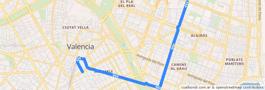 Mapa del recorrido Bus 40: Universitats => Estació Nord de la línea  en Comarca de València.