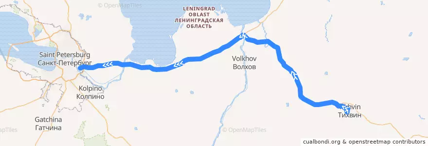 Mapa del recorrido Автобус № 860: Тихвин - Санкт-Петербург de la línea  en Oblast Leningrad.