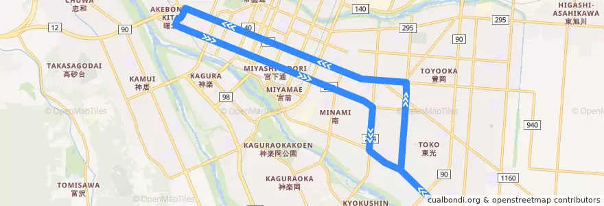 Mapa del recorrido [2]東光・曙線（内回り） de la línea  en 旭川市.