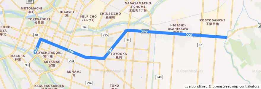 Mapa del recorrido [41]旭山動物園線（4条経由・区間便） de la línea  en 旭川市.