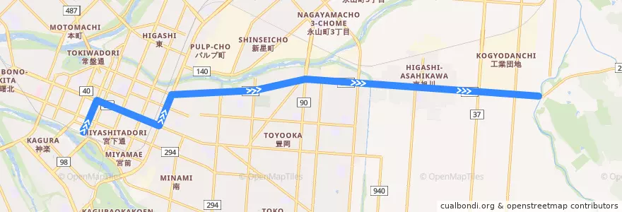 Mapa del recorrido [47]旭山動物園線（10条経由・区間便） de la línea  en Asahikawa.