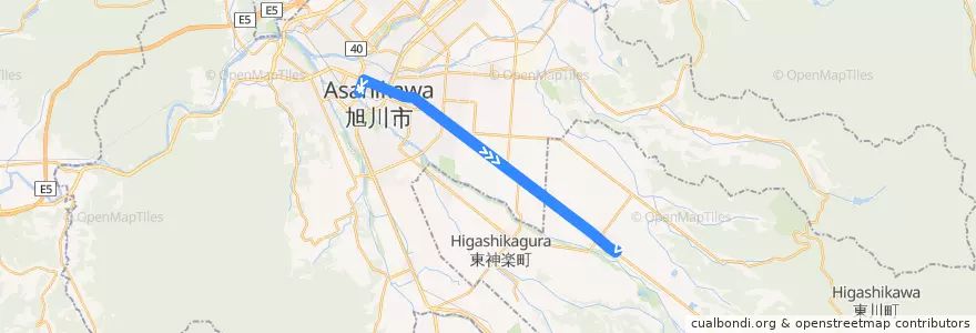 Mapa del recorrido [60]東川線 (Higashikawa Line) de la línea  en 上川総合振興局.